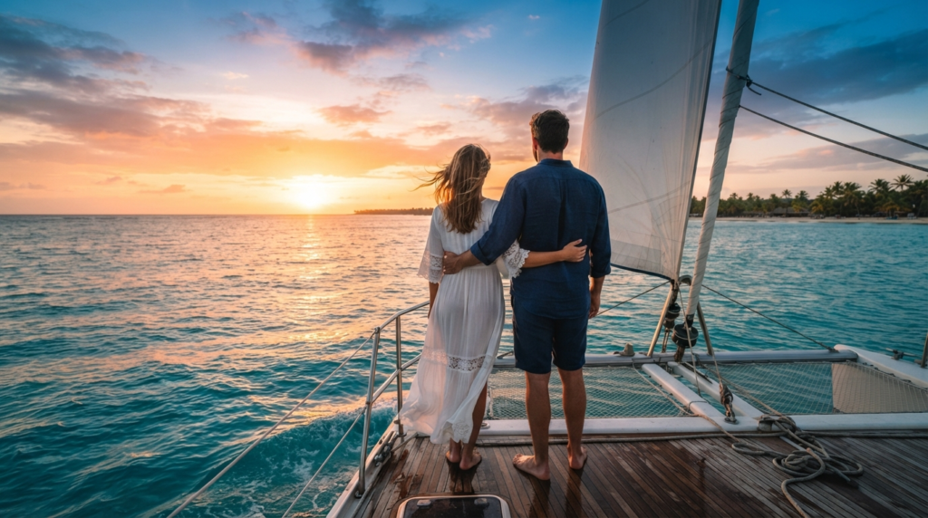 Private catamaran sunset cruise with a couple embracing as the sun sets over the Caribbean Sea.