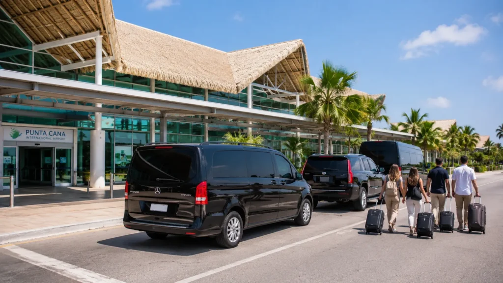 Punta Cana airport transfers with private luxury vans and SUVs waiting outside Punta Cana International Airport as travelers with rolling luggage walk toward their pre-booked transportation under a clear tropical sky.