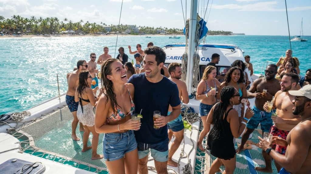 Couple relaxing on affordable catamaran tours in Punta Cana for couples aboard a shared catamaran.