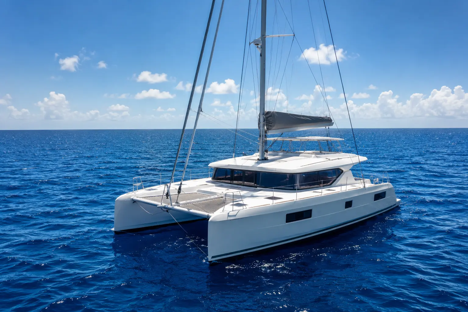 Private catamaran party Bavaro Beach sailing across the deep blue Caribbean Sea on a sunny day with clear skies and crystal-clear water.