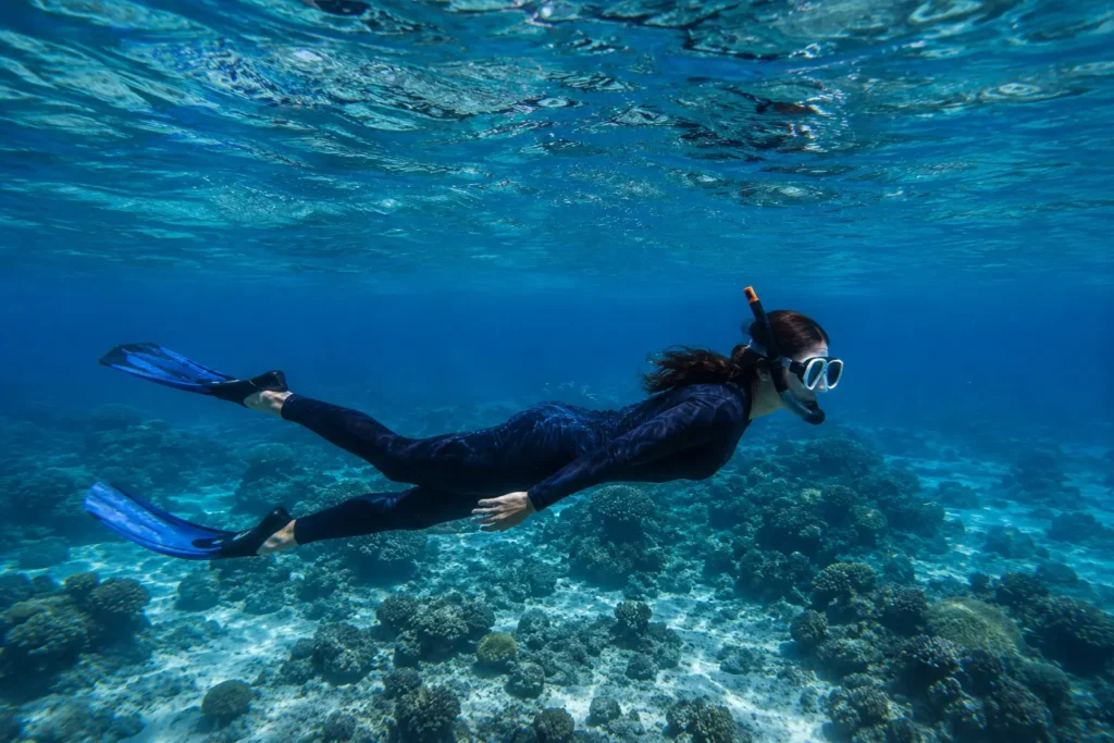A traveler wearing full snorkeling gear and protective clothing explores the underwater coral reef at Catalina Island during a scuba diving and snorkeling adventure.