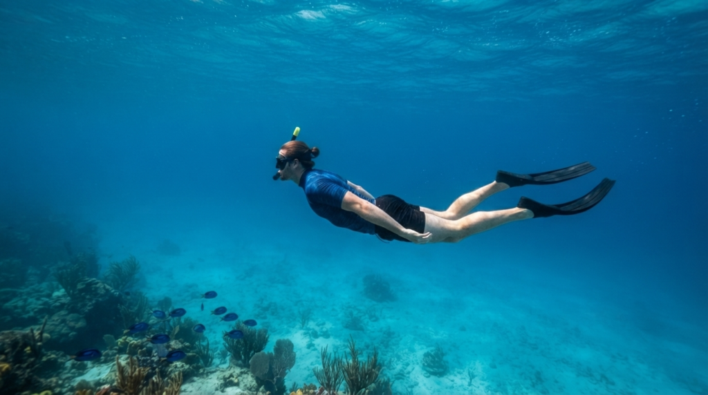 Snorkeler exploring the clear turquoise waters of Bavaro Beach above a colorful coral reef during a tropical snorkeling tour.