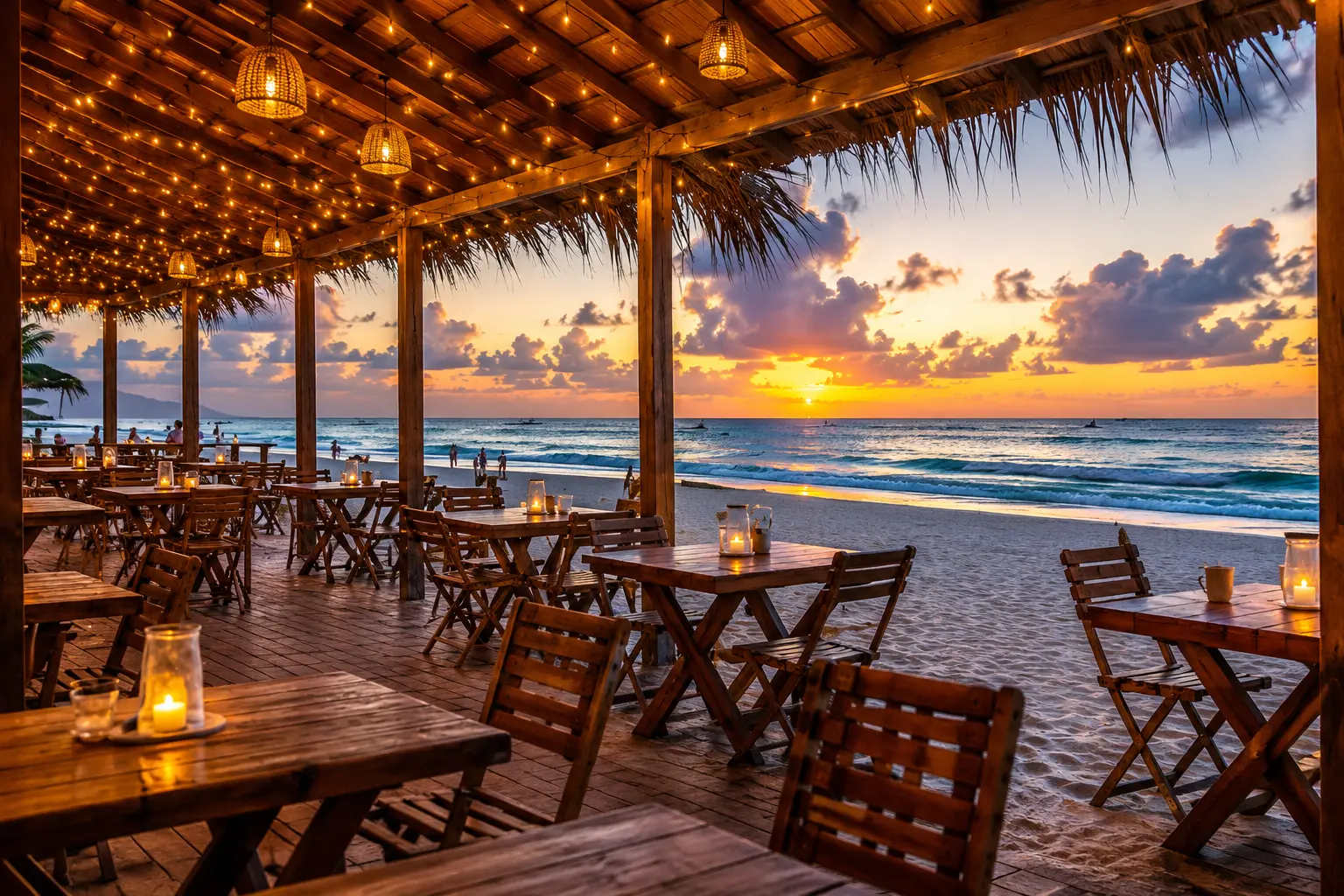 Punta Cana restaurants on the beach with ocean views, wooden tables, and a beautiful sunset atmosphere.