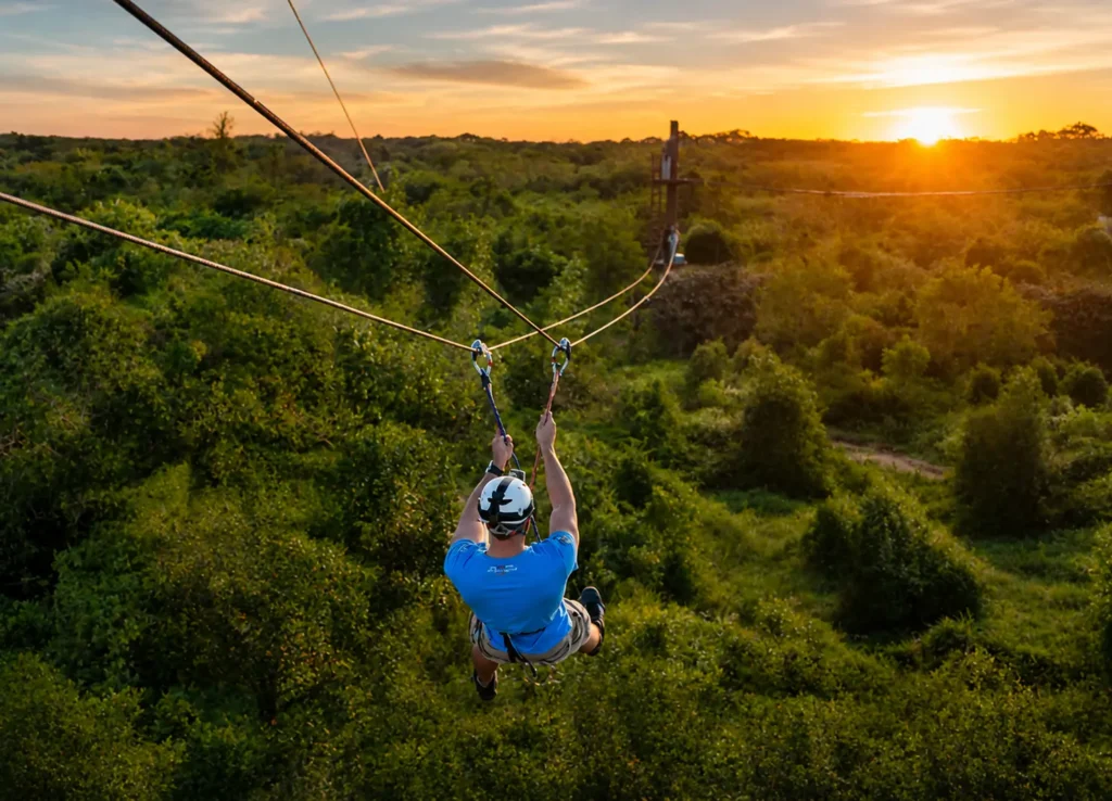 A traveler ziplining above a lush tropical jungle at sunset during an exciting Punta Cana adventure park experience with golden skies and scenic forest views.