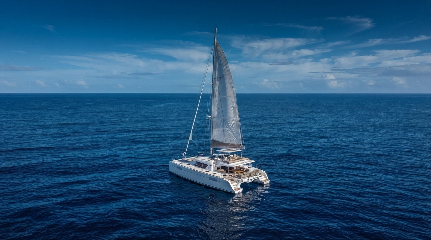 Best catamaran excursion in Punta Cana featuring a luxury white catamaran sailing across the deep blue Caribbean Sea under a clear tropical sky.