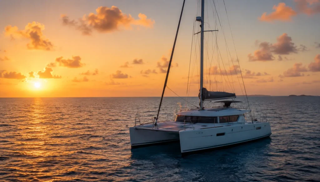Realistic white luxury catamaran sailing on calm deep blue ocean at sunset with a golden sky and peaceful horizon, showcasing a serene tropical seascape.