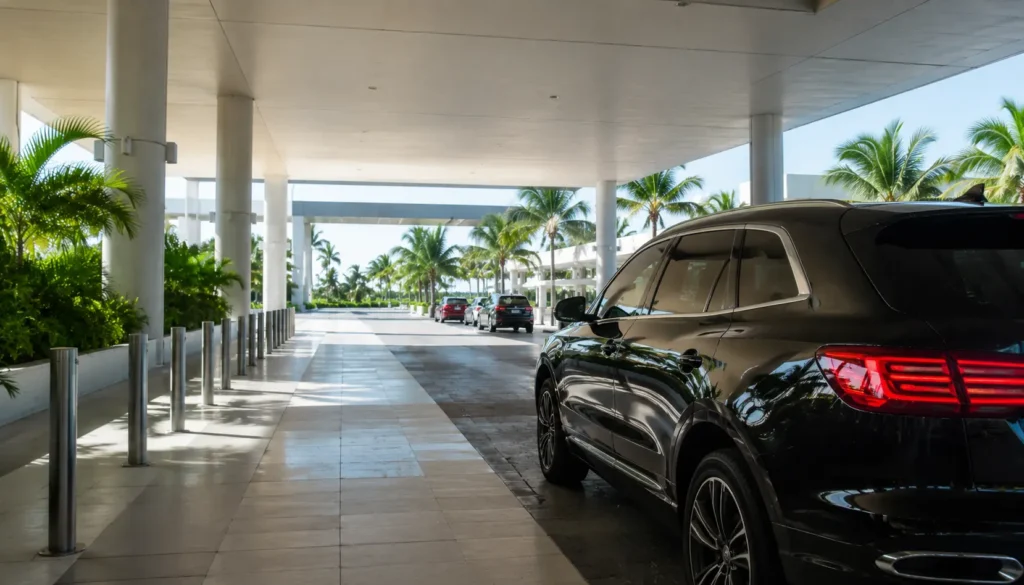 Luxury airport transfer SUV waiting outside a tropical resort entrance in Punta Cana, showing convenient transportation from Punta Cana Airport to your hotel.