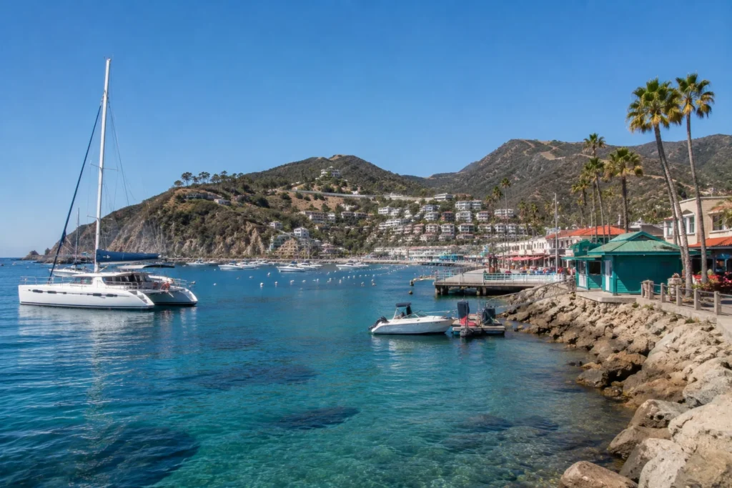 Catalina Island harbor with a catamaran, palm-lined waterfront, and scenic hillside homes.