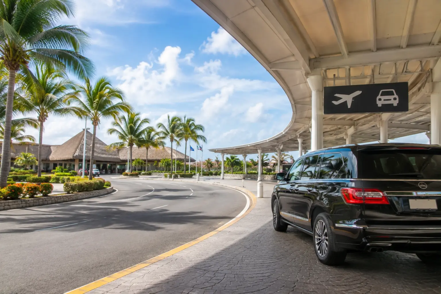 Black private transfer vehicle waiting at a tropical airport arrival terminal, representing how to Book Punta Cana Airport Transfer.