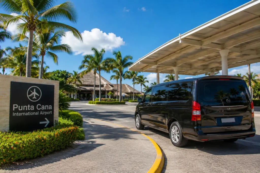 Punta Cana International Airport entrance with a private transfer van waiting under the tropical arrival canopy.