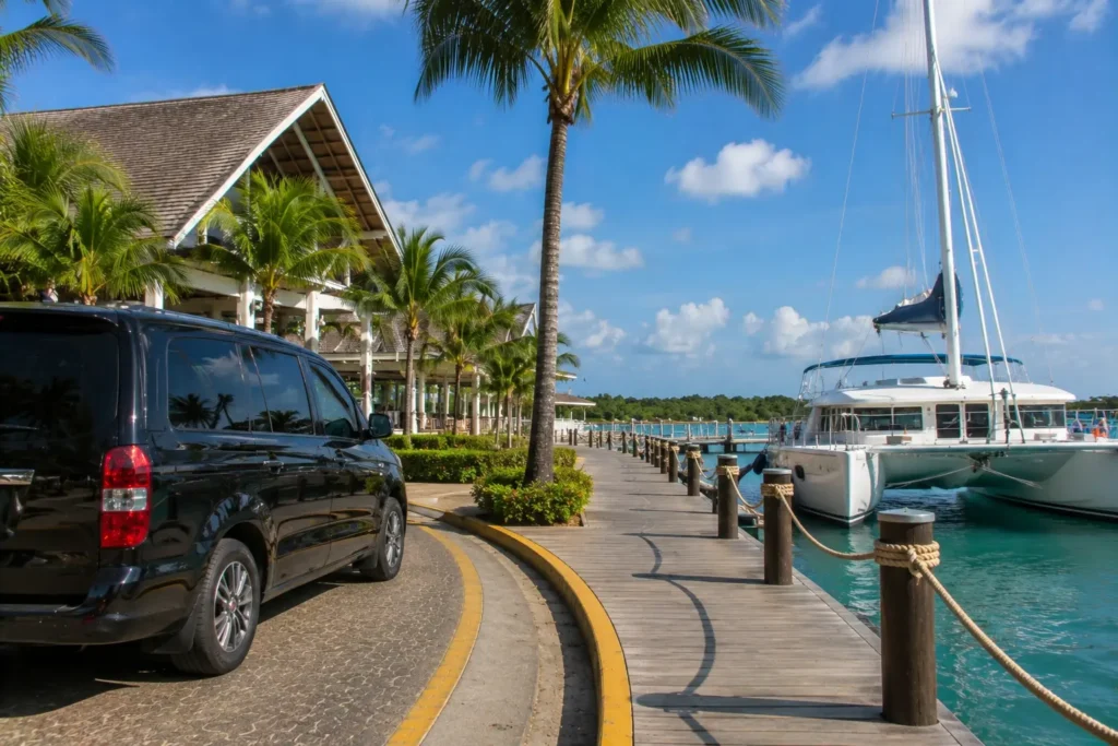 Private transfer van arriving at a tropical marina with a white catamaran docked beside a palm-lined waterfront.