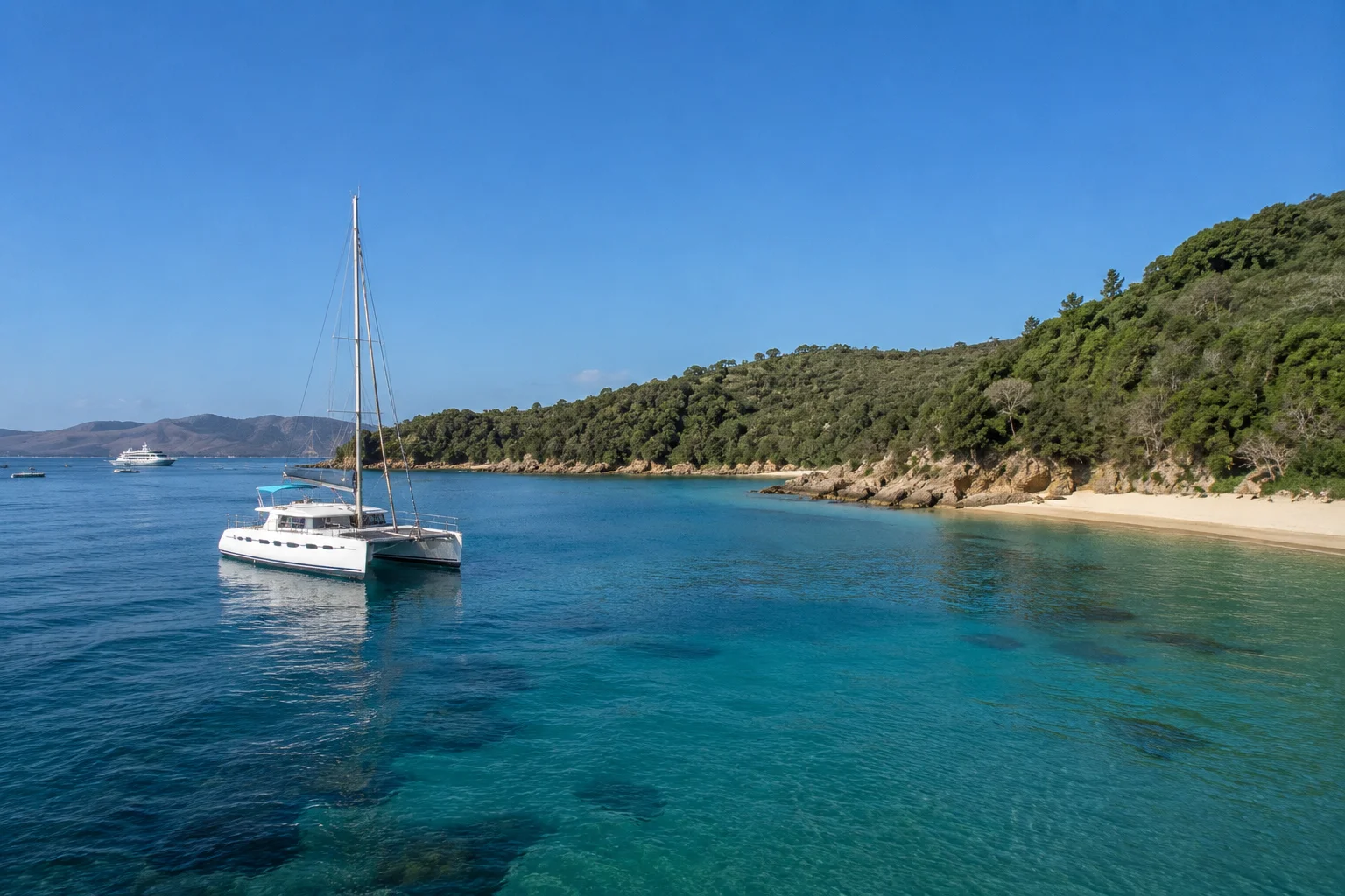 What to Do on Catalina Island for a Day with a catamaran anchored in a turquoise bay and a scenic island coastline