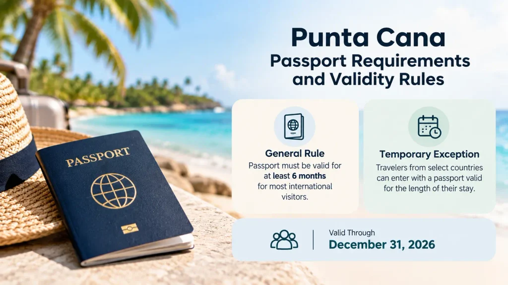 Punta Cana passport requirements infographic showing the six-month passport validity rule, temporary entry exception, and December 31, 2026, expiration date.