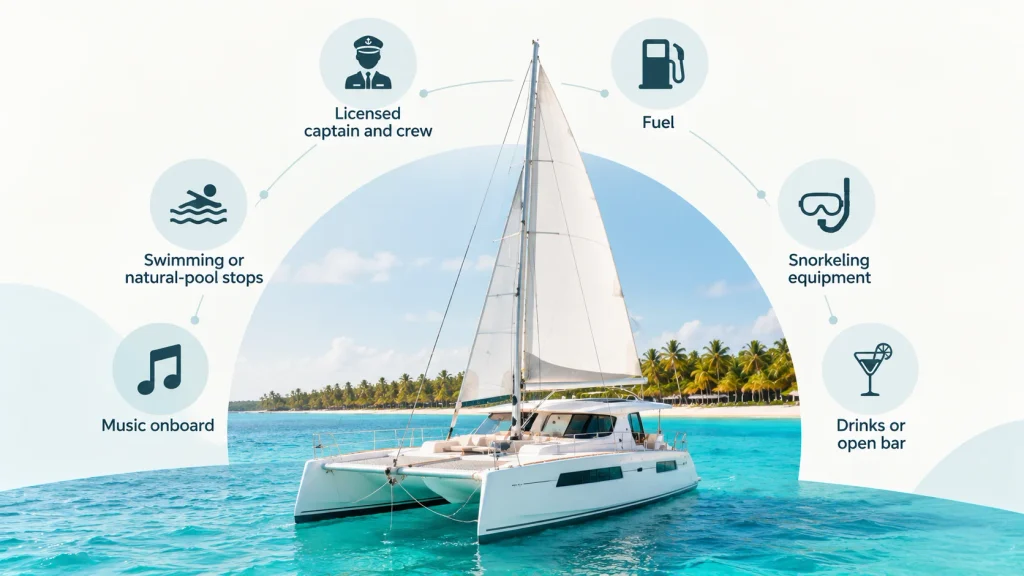 Private Punta Cana charter infographic showing a luxury catamaran and common inclusions, including a licensed captain and crew, fuel, snorkeling equipment, drinks, onboard music, and swimming or natural-pool stops.