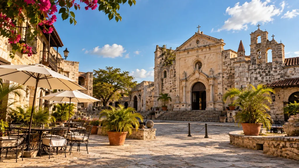 Historic colonial church and cobblestone plaza in the Dominican Republic, a cultural attraction to explore on a day trip from Punta Cana.