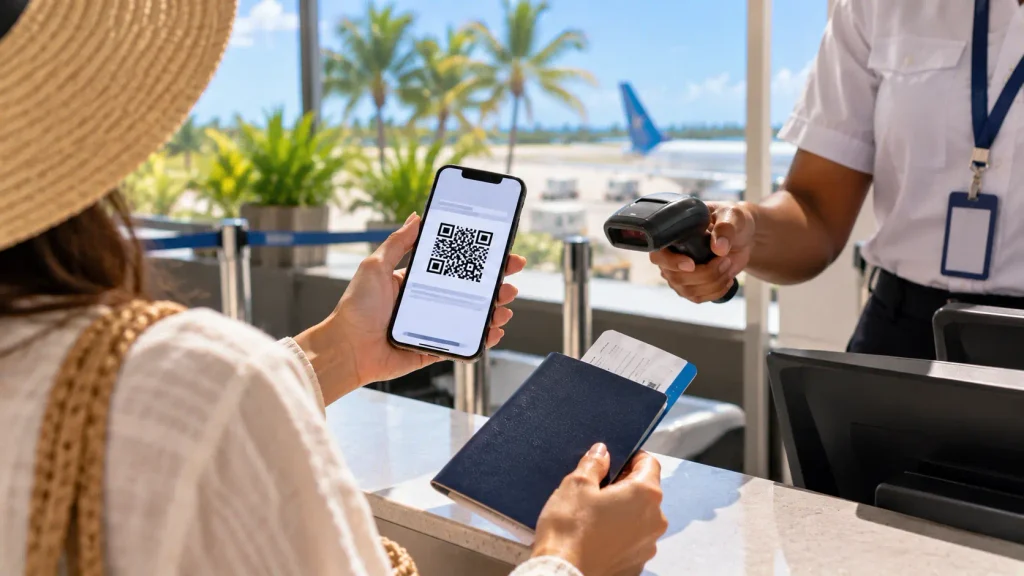 Traveler presenting a QR code on a smartphone and a passport at an airport check-in counter for the Dominican Republic e-ticket.