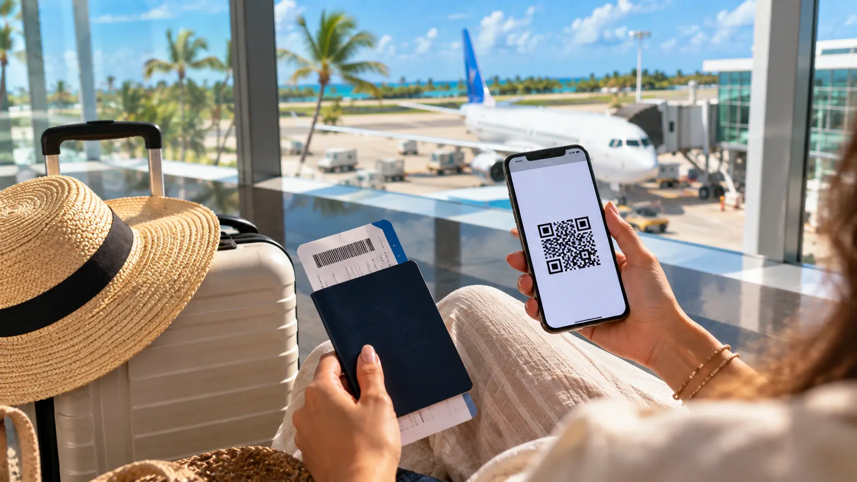 Traveler holding a smartphone with a QR code, passport, and boarding pass at an airport before completing the e-ticket for Dominican Republic.