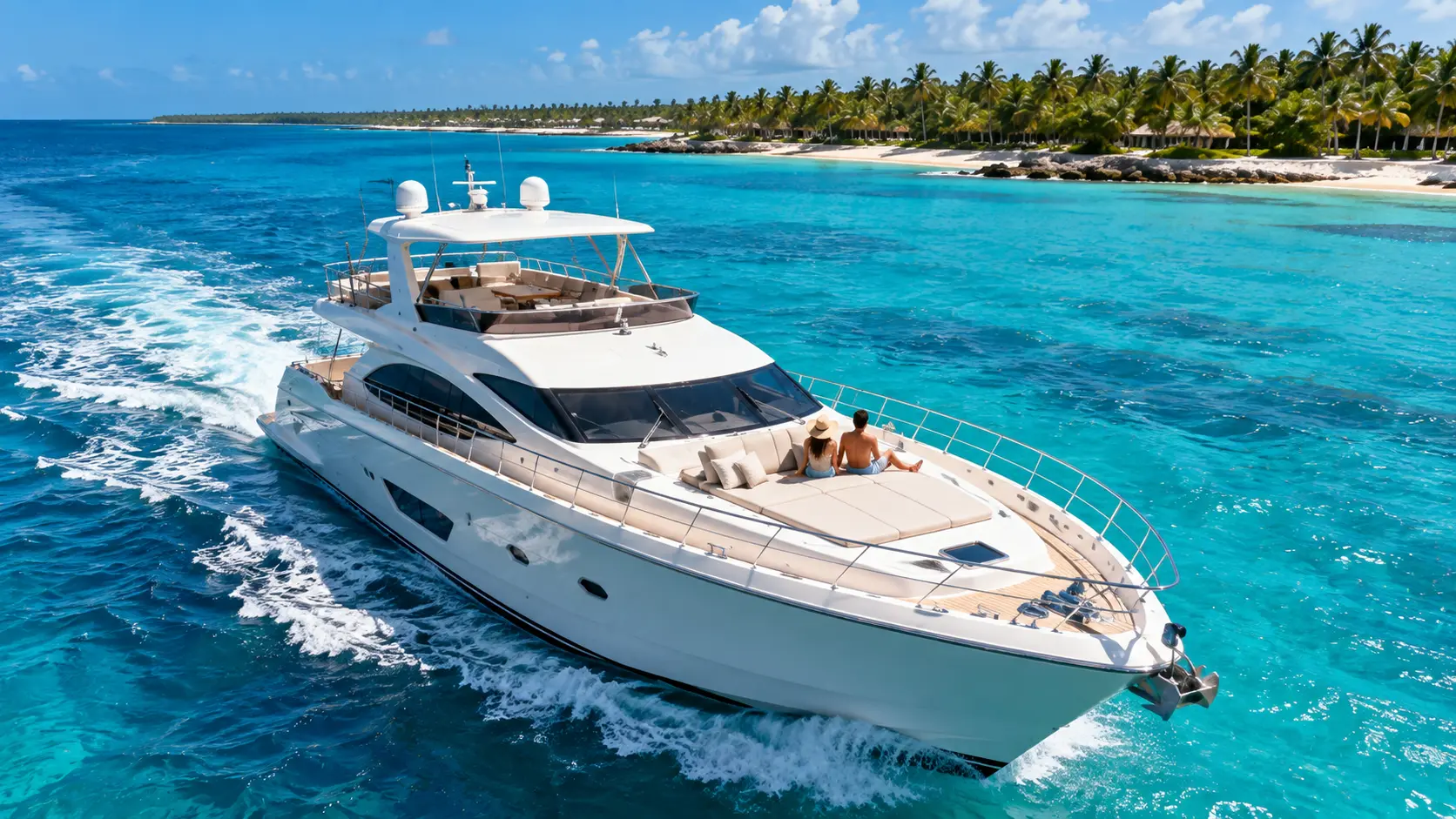 Private yacht rentals in Punta Cana featuring a luxury catamaran sailing along the turquoise Caribbean Sea near the tropical coastline.