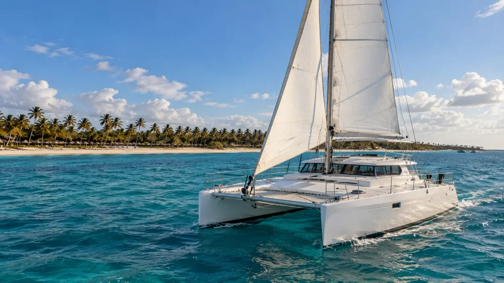 White catamaran sailing along the turquoise Caribbean coast, one of the best things to do in Punta Cana for first-time visitors.