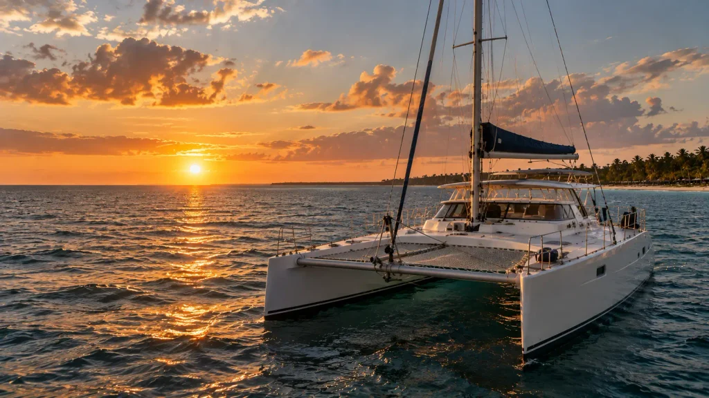 White catamaran on the Caribbean Sea at sunset, offering a relaxing sunset cruise in Punta Cana.
