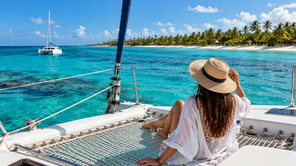 Woman relaxing on a Punta Cana catamaran tour, enjoying turquoise Caribbean waters and a palm-lined tropical coastline.