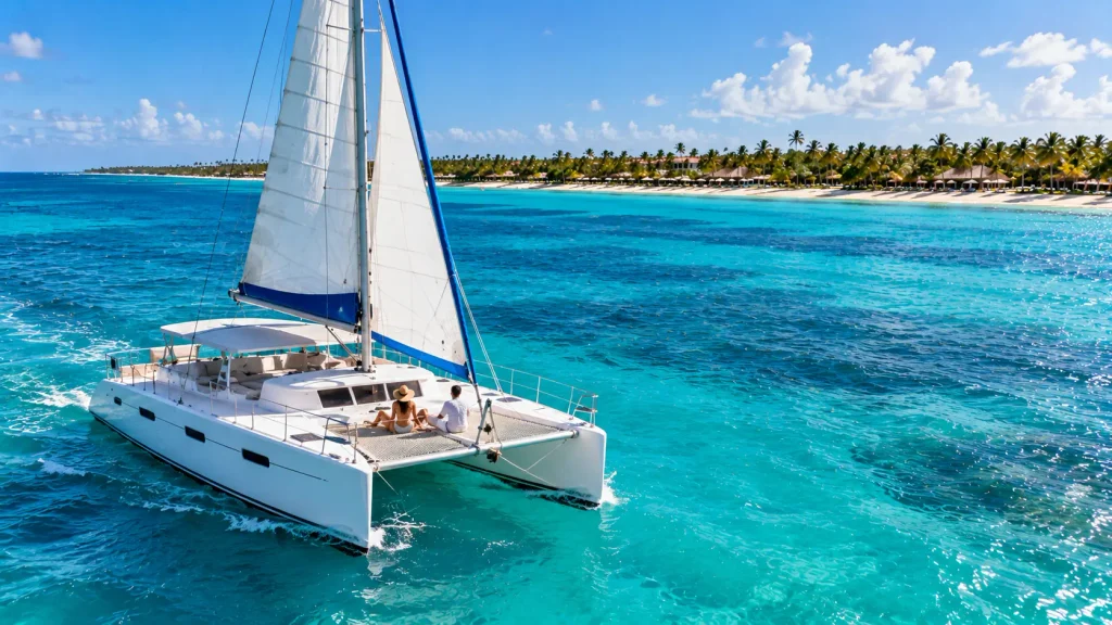 White luxury catamaran sailing along the turquoise waters of Punta Cana, with passengers enjoying the tropical coastline and palm-lined beaches.
