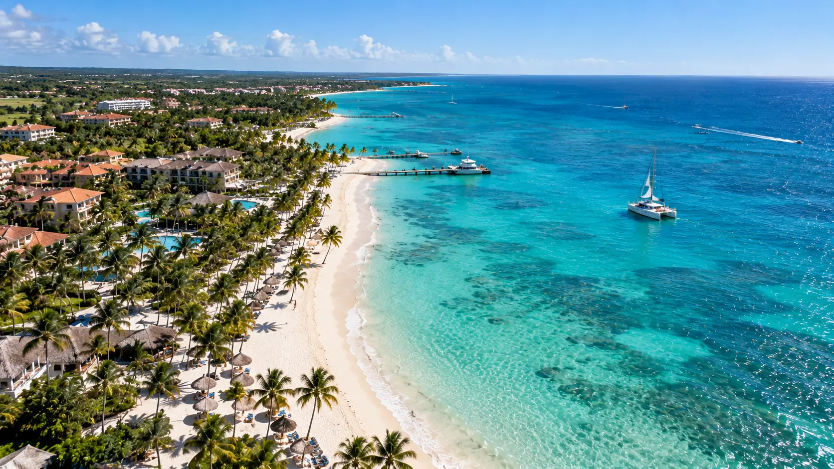 Aerial view of Punta Cana, Dominican Republic, showing its tropical coastline, white-sand beaches, turquoise waters, and beachfront resorts.