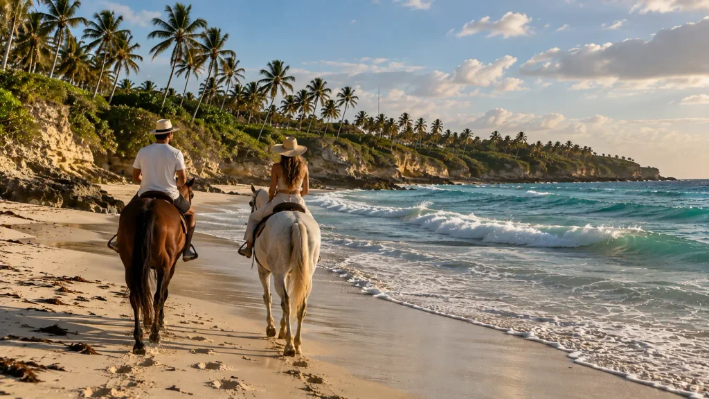 Couple enjoying horseback riding along a tropical beach in Punta Cana, one of the relaxing things to do for first-time visitors.