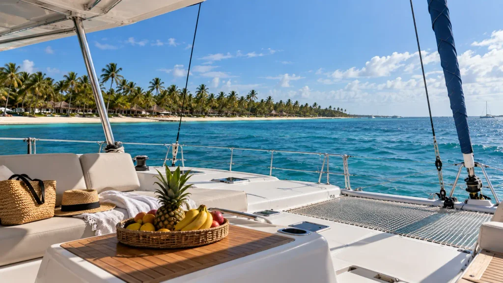 Private catamaran in Punta Cana with comfortable deck seating, tropical fruit, and views of the turquoise Caribbean Sea and palm-lined coastline.