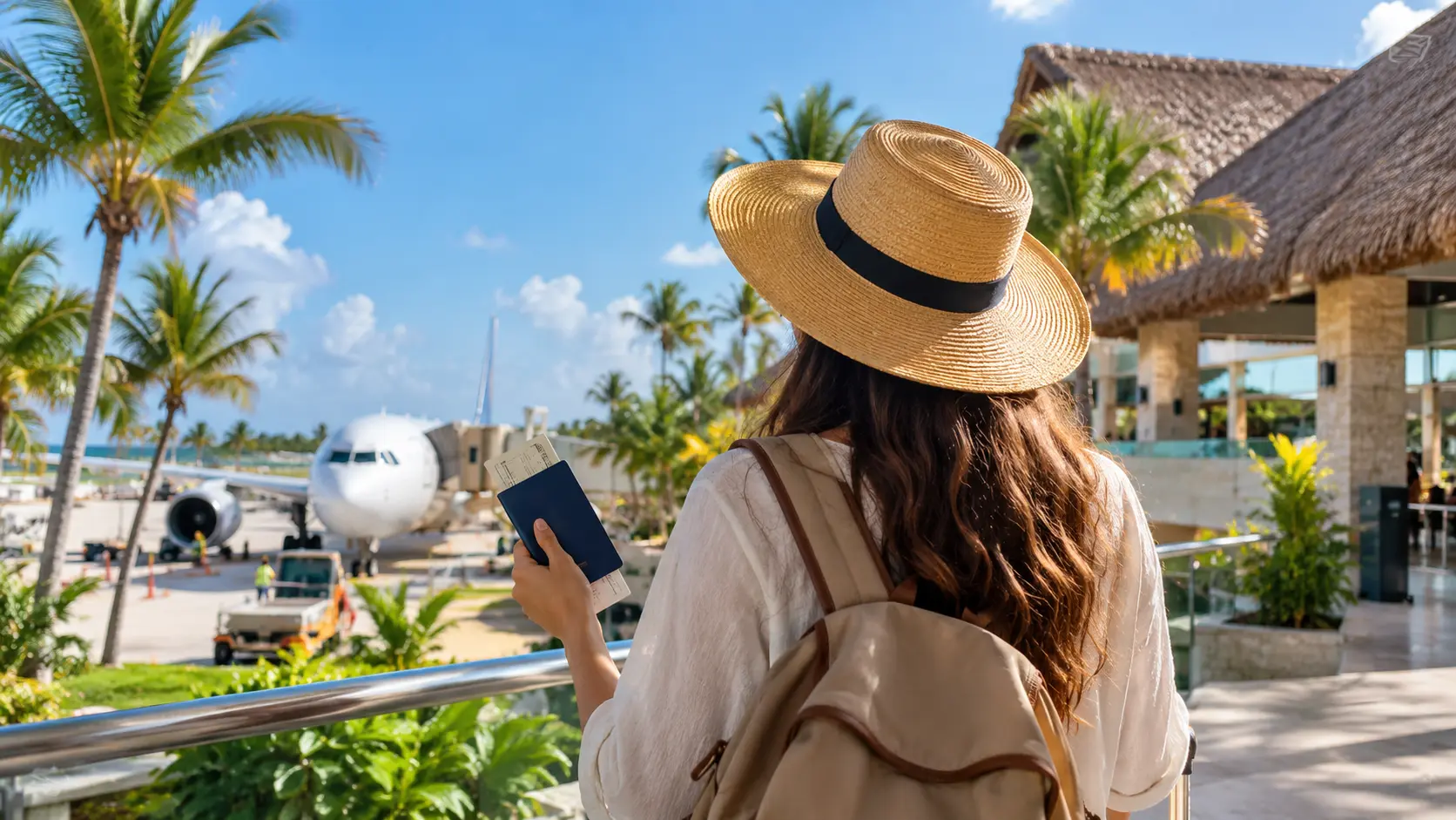Traveler holding a passport and boarding documents at a tropical airport before flying to Punta Cana, illustrating do you need a passport for Punta Cana.