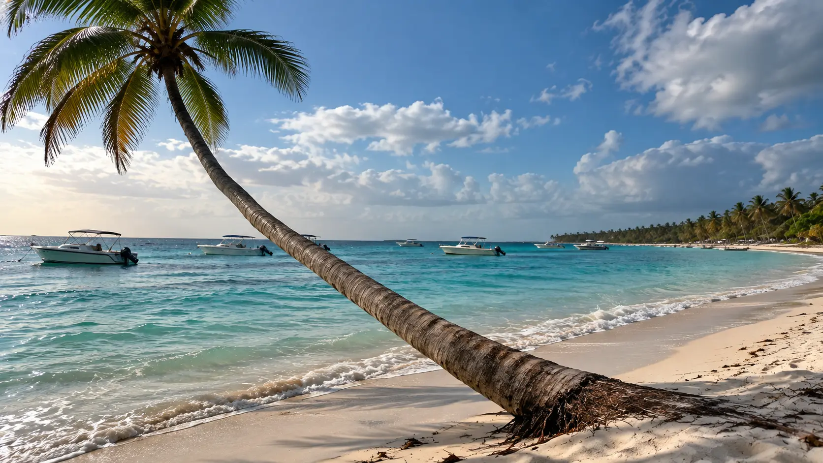 Tropical beach with a leaning palm tree and turquoise water in Punta Cana, one of the best things to see on a first visit.