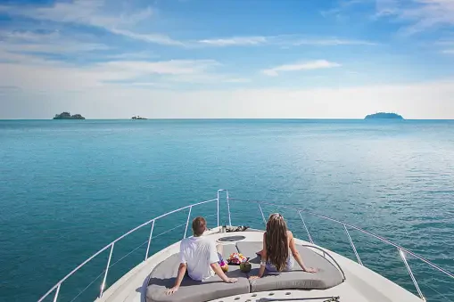Luxury cruise travel on the yacht, romantic honeymoon vacation
