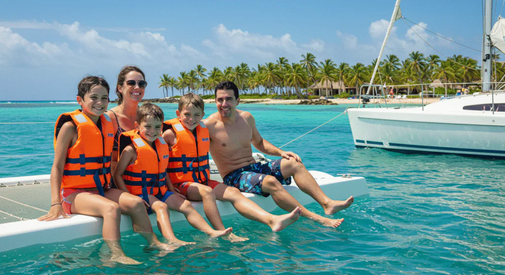 Family enjoying a fun day on a catamaran in crystal-clear waters.