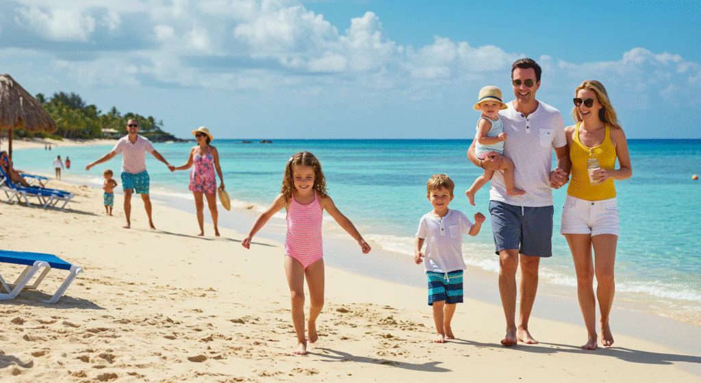 Family enjoying a sunny day on the beach in Punta Cana.