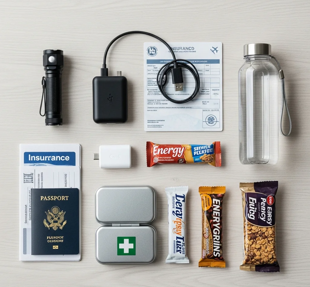Travel essentials laid out, including a passport, snacks, a flashlight, and a first aid kit.